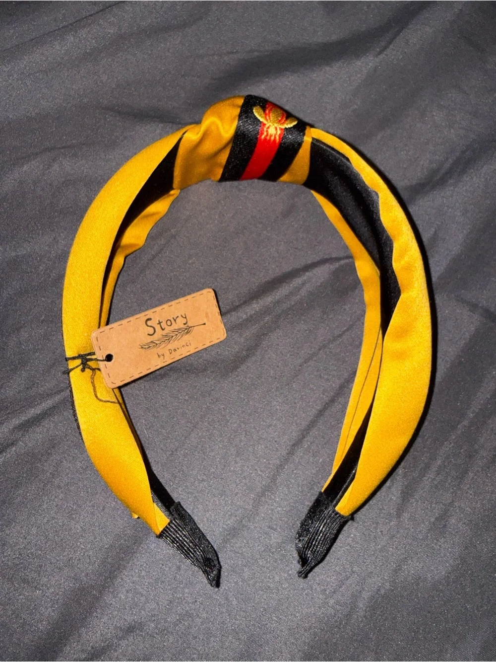 Knotted Stripe Headband with Embroidered Bee - Yellow, Black & Red